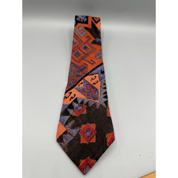 Vintage Bugle Boy USA Tie 90s Aztec Geometric Pattern Red Purple Orange Rayon - Picture 1 of 4